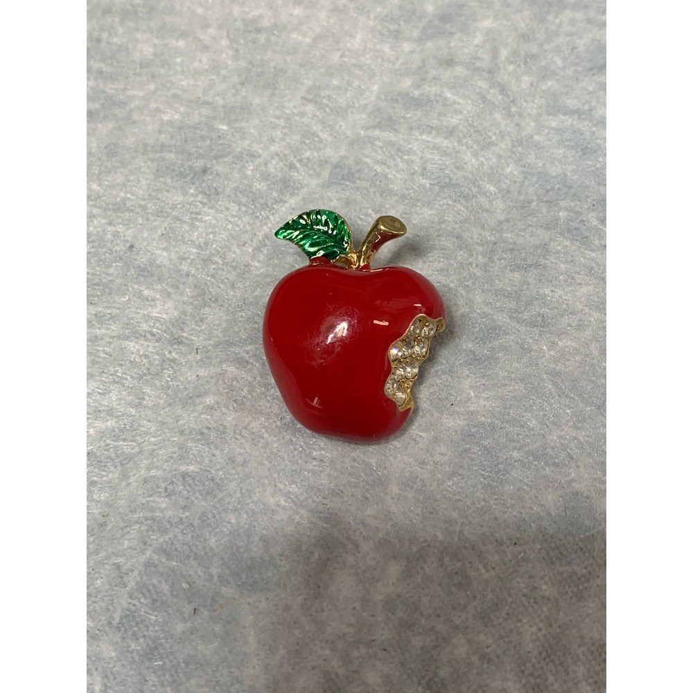 Vintage Red Enamel and Rhinestone / Crystal Napier Apple Brooch with a bite take